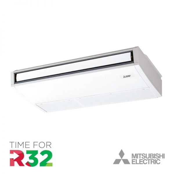 Mitsubishi plafond-unit Airconditioning en R32 koelmiddel logo